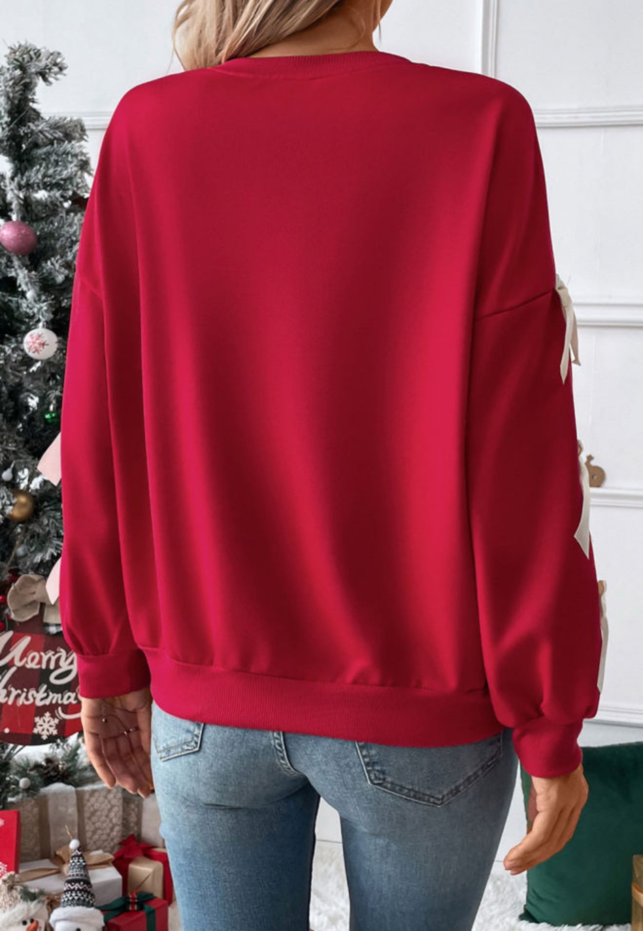 Fiery Red Bow Dropped Sleeve Crewneck Sweatshirt