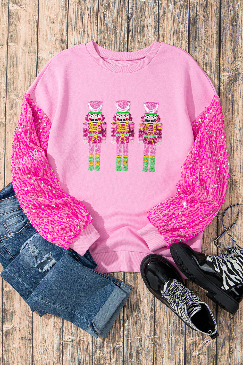 Pink Christmas Nutcracker Sequin Sleeve Sweatshirt