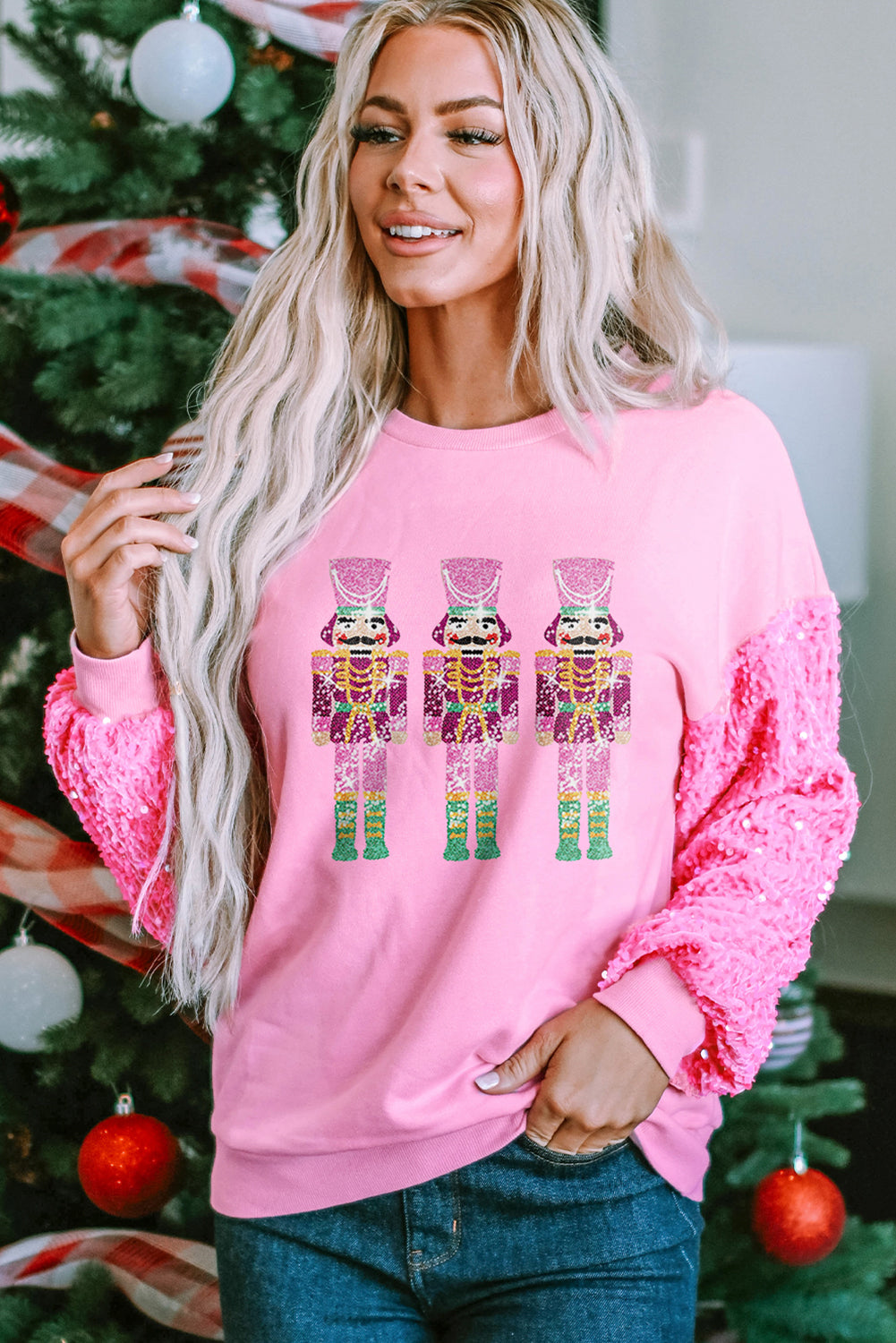 Pink Christmas Nutcracker Sequin Sleeve Sweatshirt