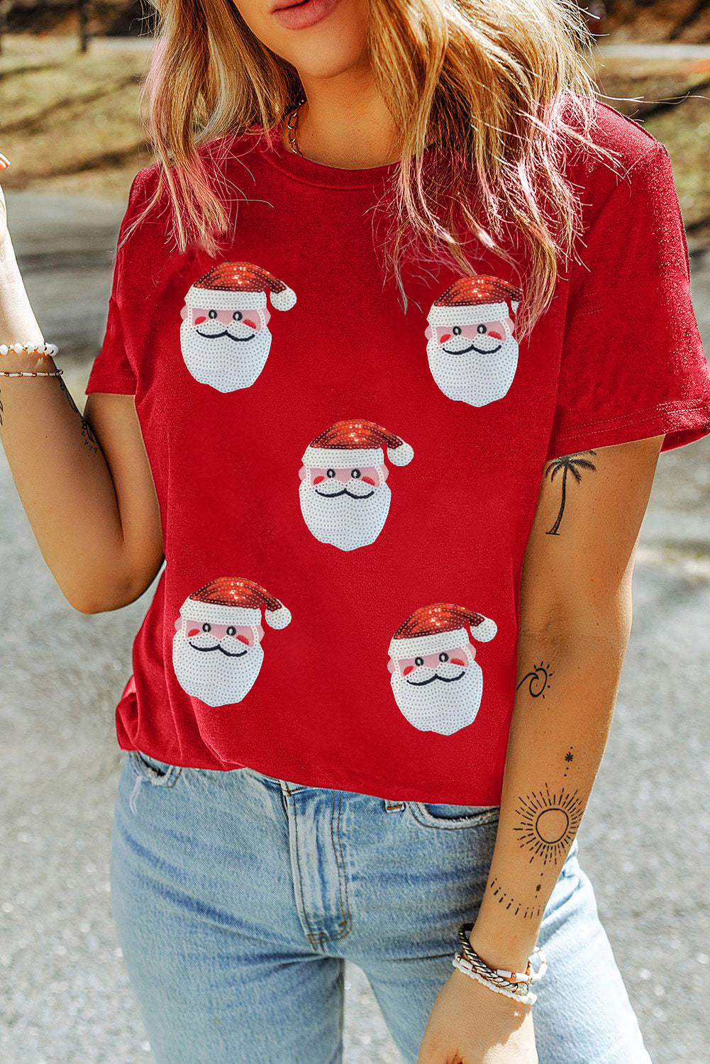 Sequin Christmas Claus Pattern Crewneck T Shirt