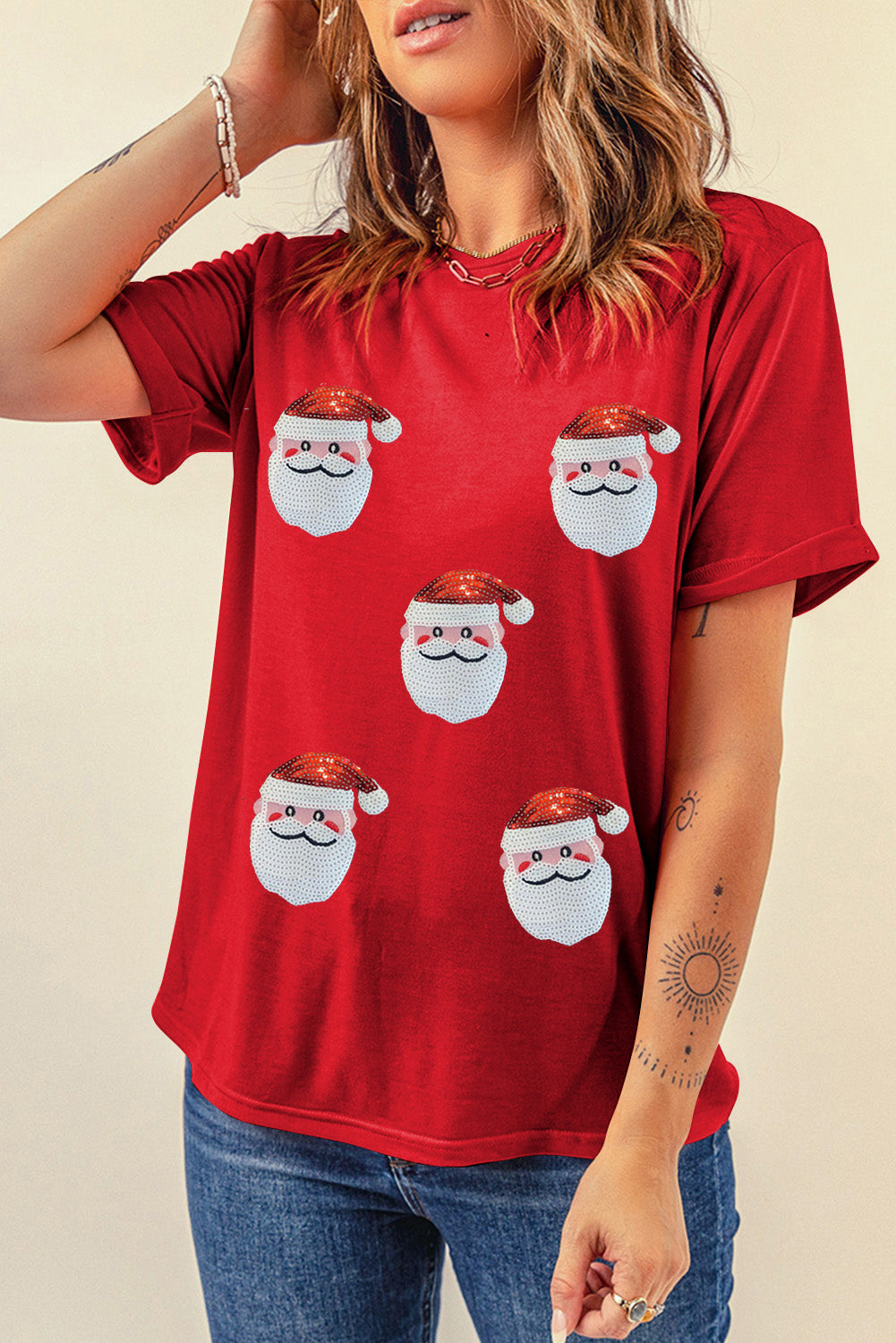 Sequin Christmas Claus Pattern Crewneck T Shirt