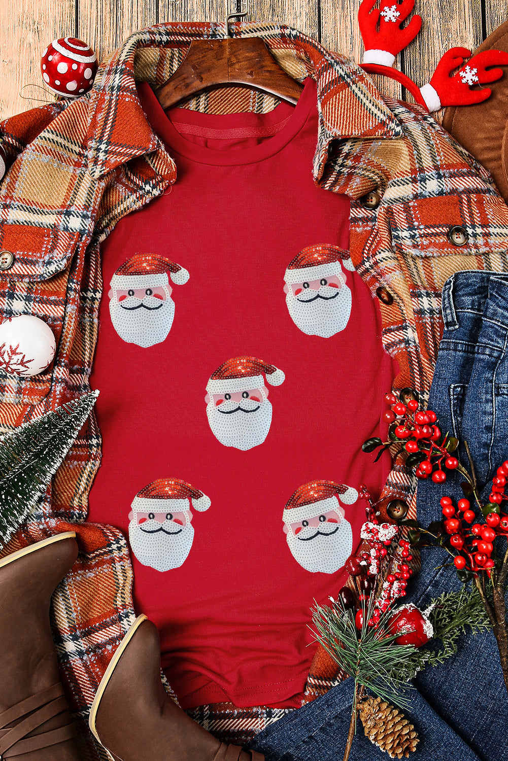 Sequin Christmas Claus Pattern Crewneck T Shirt