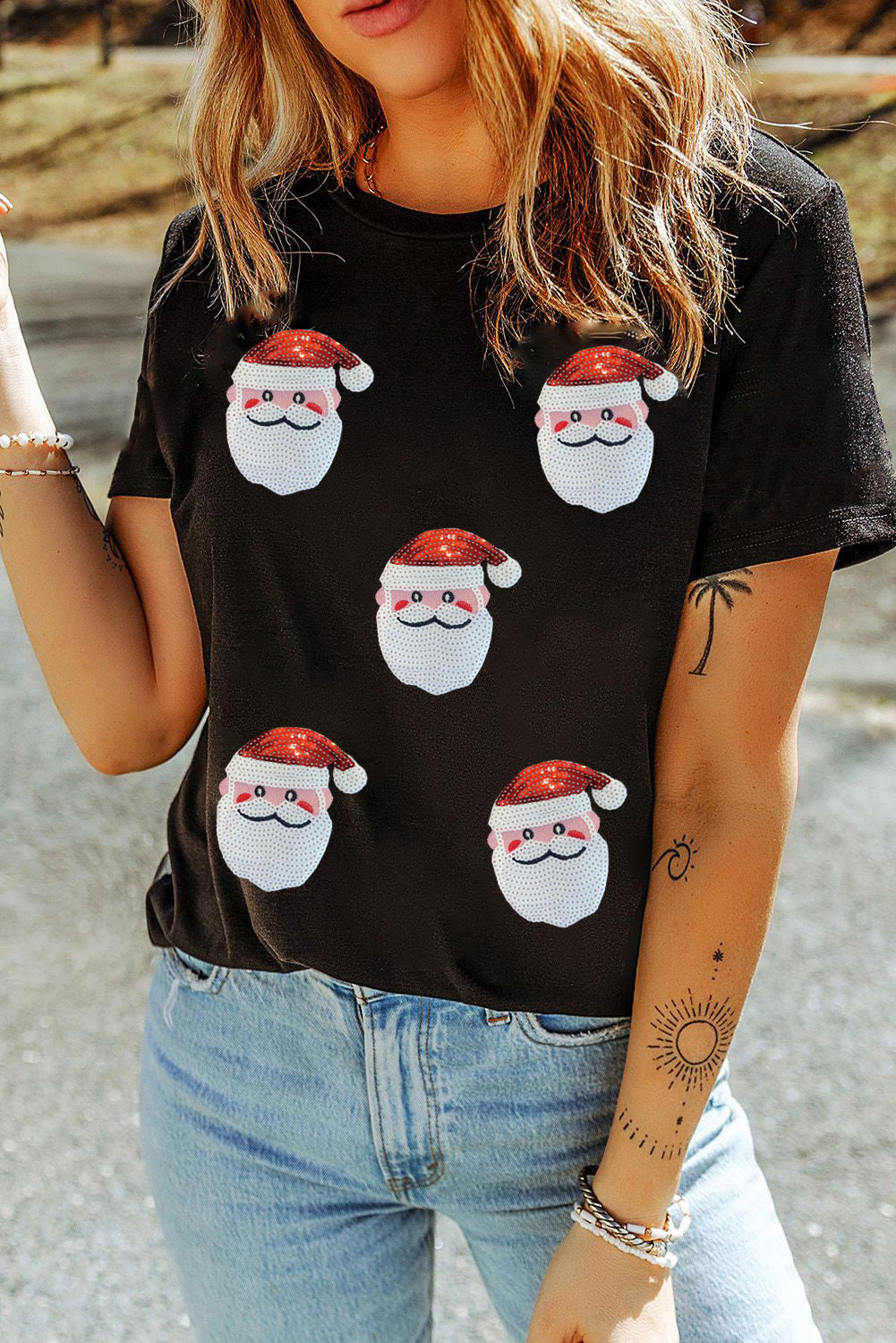 Sequin Christmas Claus Pattern Crewneck T Shirt