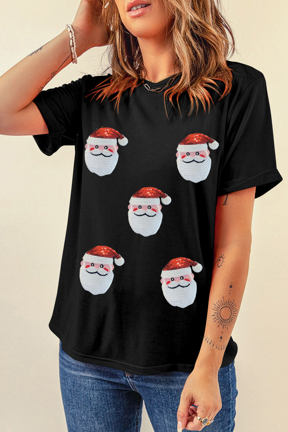 Sequin Christmas Claus Pattern Crewneck T Shirt