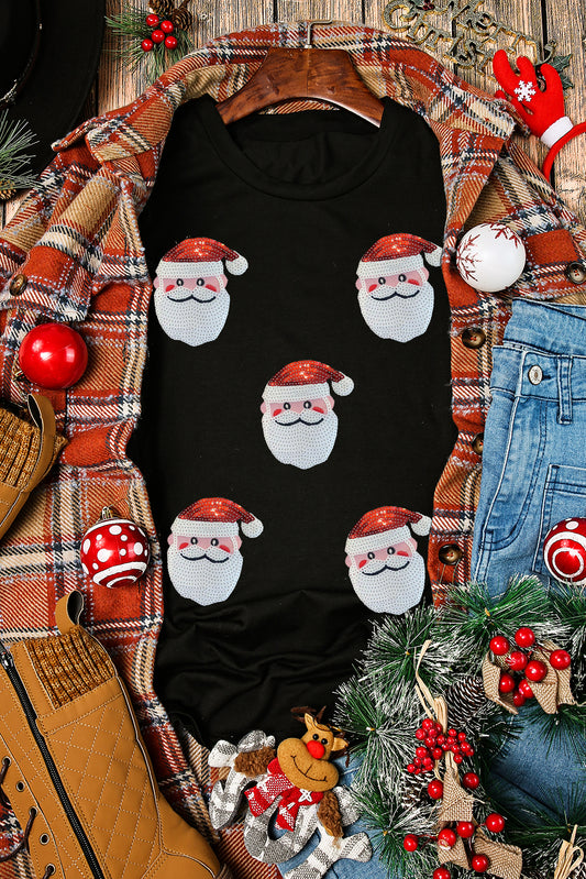 Sequin Christmas Claus Pattern Crewneck T Shirt