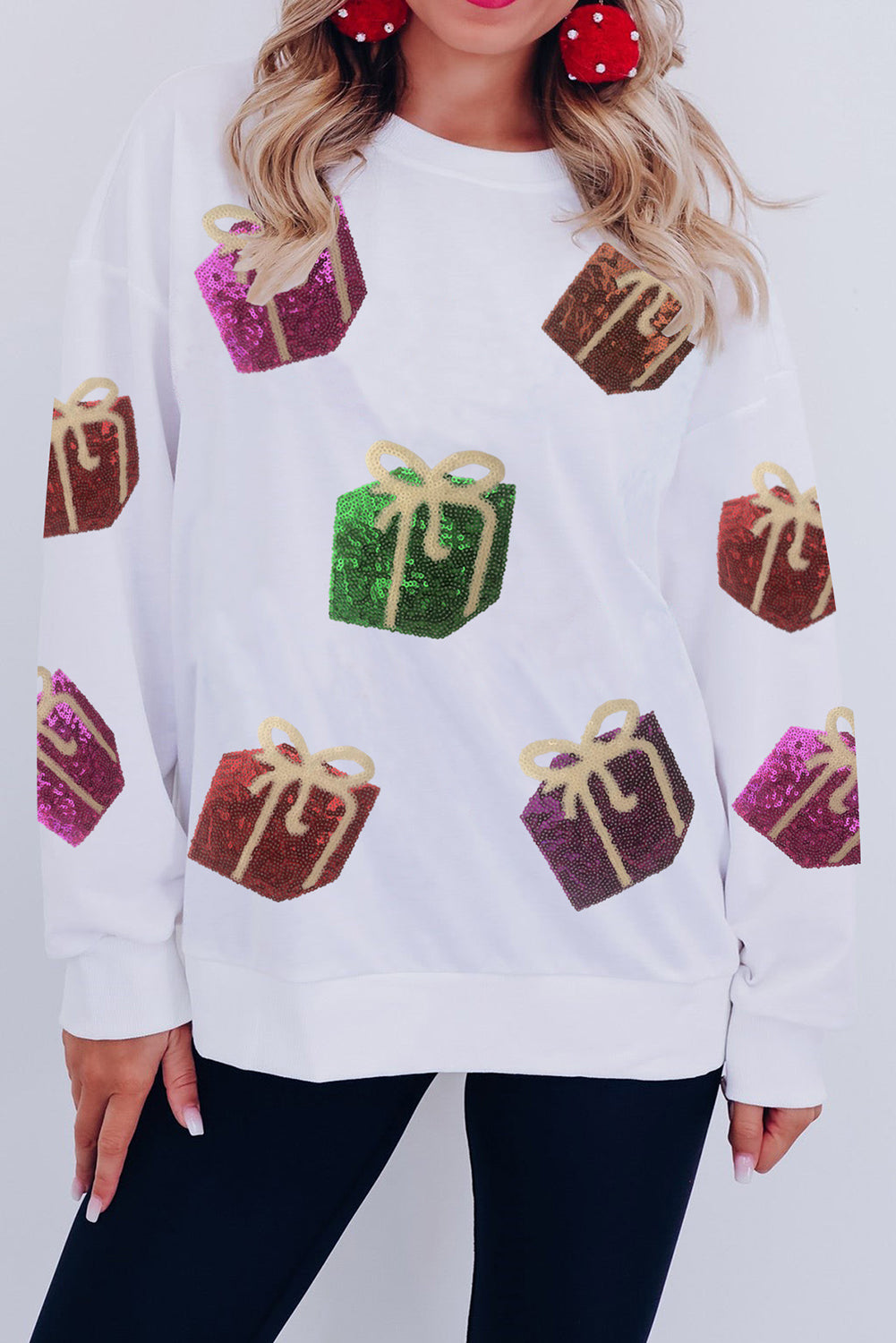 White Sequin Christmas Gift Graphic Pullover Sweatshirt