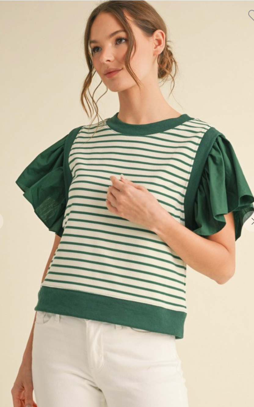 Green Striped Ruffly Shoulder Top