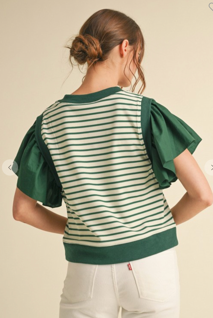 Green Striped Ruffly Shoulder Top