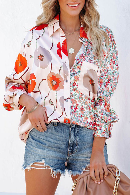 Chic Floral Buttoned Blouse with Pocket