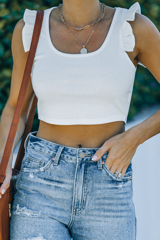 Ruffle Strap Ribbed White Crop Top