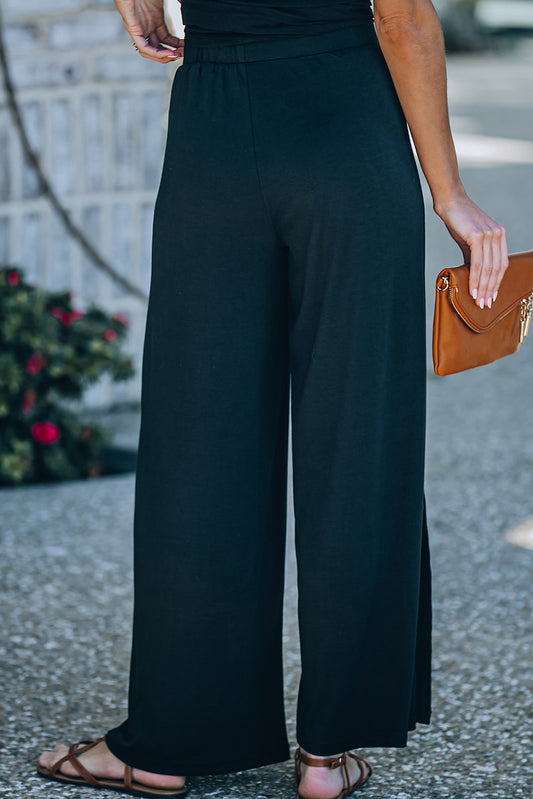 Tropical Slit Wide Leg Mid Waist Black Pants